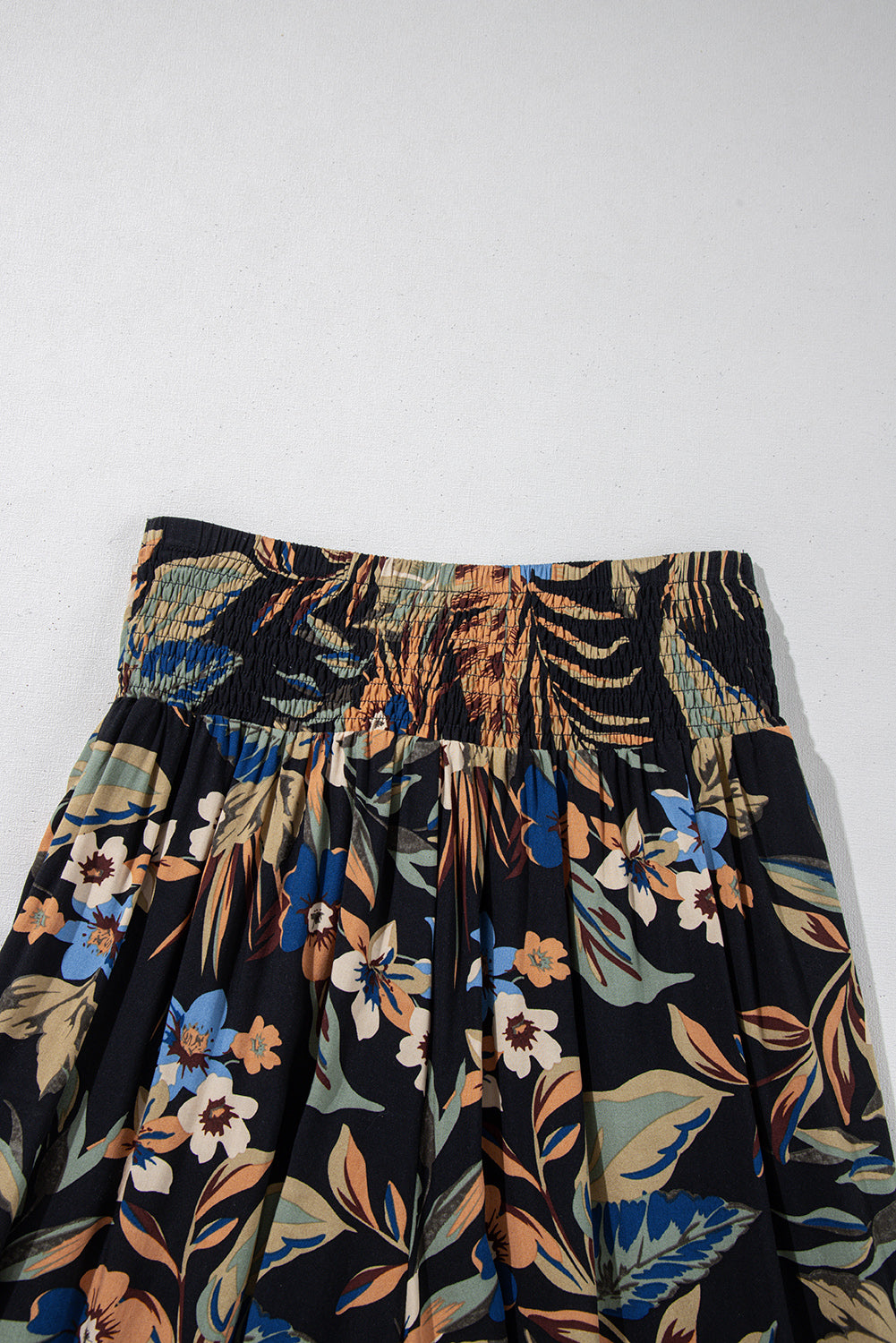 Multicolour Floral Shirred High Waist Wide Leg Pants with Tie