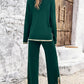 2PCS Round Neck Long Sleeve Slit Top & Straight Leg Pants Set