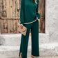 2PCS Round Neck Long Sleeve Slit Top & Straight Leg Pants Set