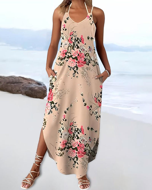 Floral Print V Neck Spaghetti Strap Boho Maxi Dress Casual Slit Pocket Design Vacation Sundress