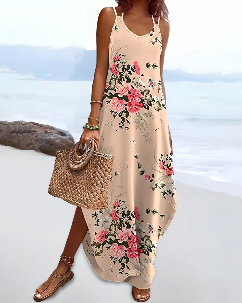 Floral Print V Neck Spaghetti Strap Boho Maxi Dress Casual Slit Pocket Design Vacation Sundress