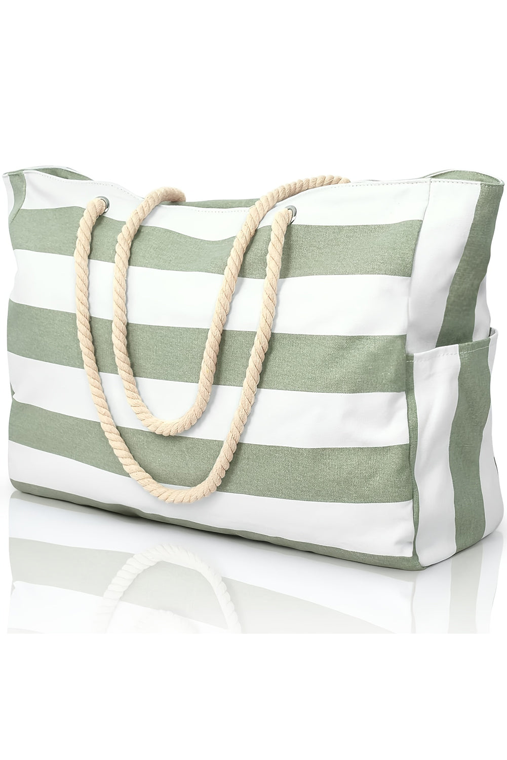 Smoke Green Striped Waterproof Canvas Large Capacity Tote Bag