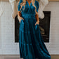 Prussian Blue Velvet Short Sleeve Shirred Waist Tiered Maxi Dress