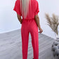 V Neck Short Sleeve Ruched Drawstring Jumpsuit Casual Strechy Waist Rompers