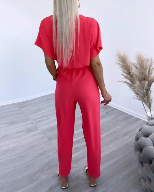 V Neck Short Sleeve Ruched Drawstring Jumpsuit Casual Strechy Waist Rompers