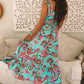 Green Abstract Print Smocked Bodice Knotted Straps Ruffled Maxi Dress