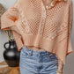 Apricot Pink Hollowed Knit 3/4 Dolman Sleeve Buttoned Collared Sweater