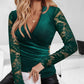 Velet V Neck Contrast Lace Long Sleeve Top Ruched Sexy Slim Fit Blouse Shirts