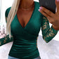 Velet V Neck Contrast Lace Long Sleeve Top Ruched Sexy Slim Fit Blouse Shirts