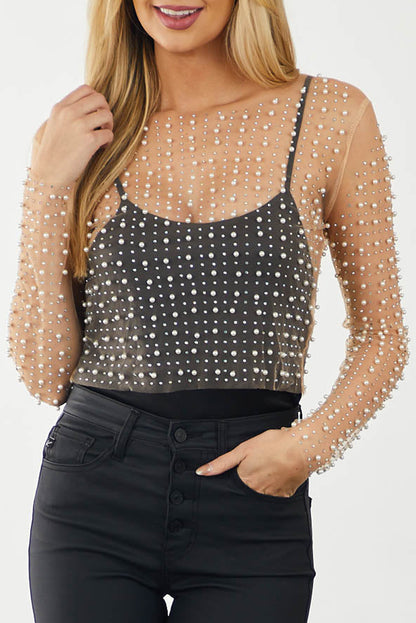 Apricot Pearl and Rhinestone Detail Sheer Mesh Top