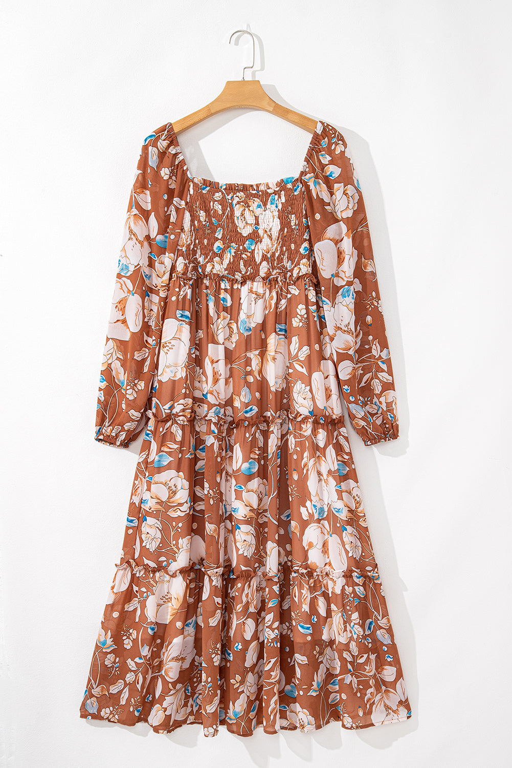 Brown Floral Print Shirred Square Neck High Waist Maxi Dress