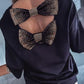 V Neck Bowknot Design Rhinestone Decor Hollow Out Top