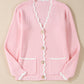 Pink Ribbed Knit Scalloped Edge Side Pockets Buttoned Cardigan