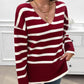 Striped V Neck Long Sleeve Side Slit Knit Sweater