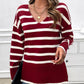 Striped V Neck Long Sleeve Side Slit Knit Sweater