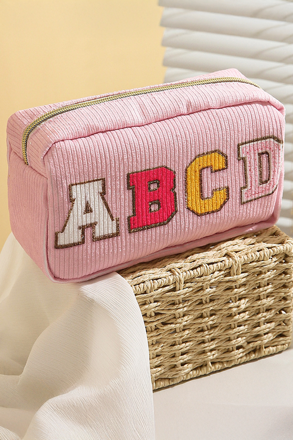 Pink ABCD Letter Decor Corduroy Zipper Cosmetic Bag