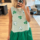 Green Stripe Sequin Clover Patched Contrast Skirt Patchwork Mini Dress