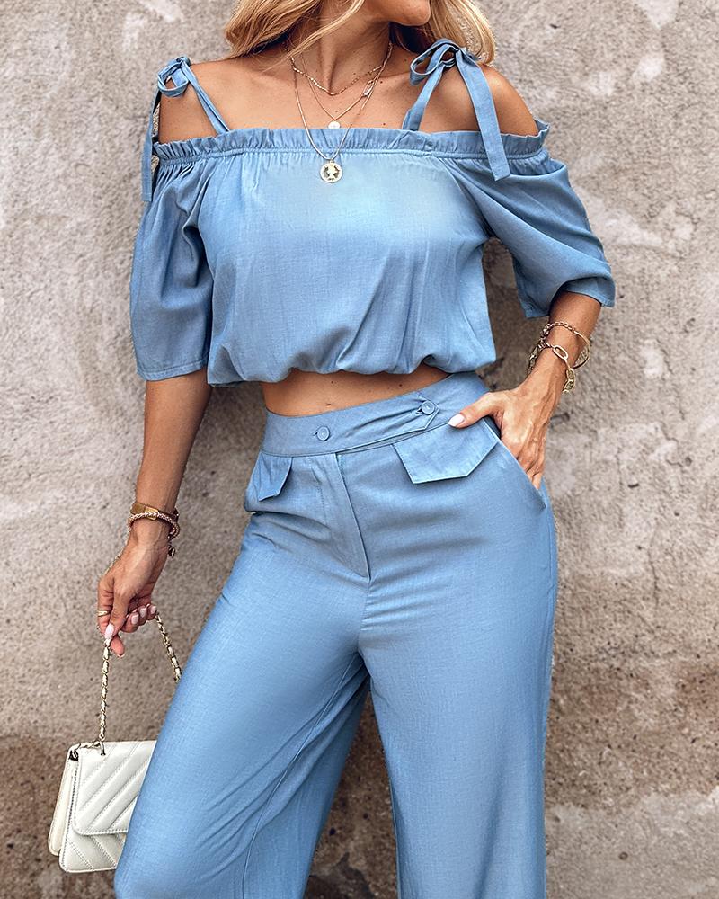 Cold Shoulder Frill Hem Top & Pants Set