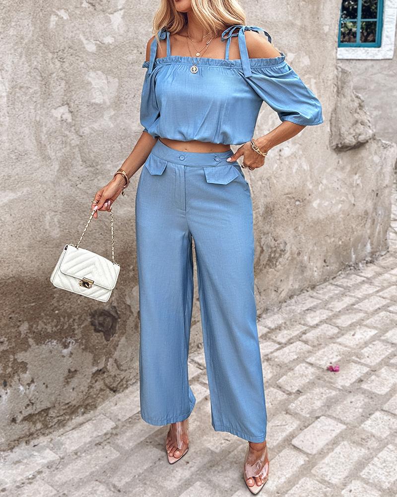 Cold Shoulder Frill Hem Top & Pants Set