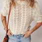 Beige Hollowed Pattern Knit Short Puff Sleeve Sweater