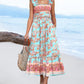 Floral Pattern Square Neck Thick Strap Shirred Ruffles Hem A Line Dress Vacation Dress