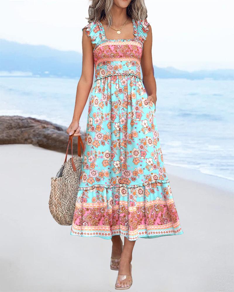 Floral Pattern Square Neck Thick Strap Shirred Ruffles Hem A Line Dress Vacation Dress