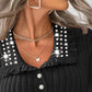 Turn down Collar Frill Hem Rhinestone Decor Ribbed Top