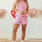 Rose Stripe Crew Neck T Shirt and Drawstring Shorts Set