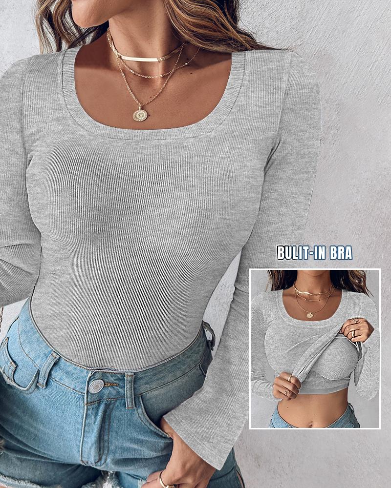 U Neck Built in Bra Long Sleeve Ribbed Top