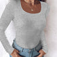 U Neck Built in Bra Long Sleeve Ribbed Top