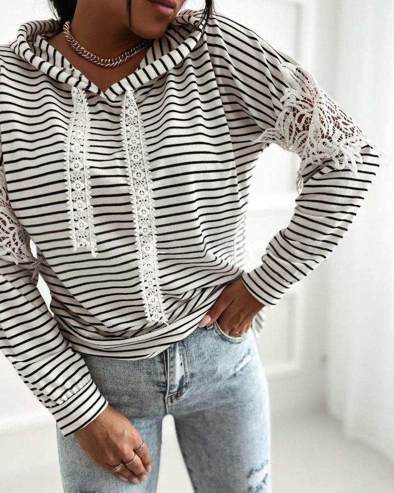 Striped Contrast Floral Lace Patch Hoodie Pullover Long Sleeve Casual Sweatshirt