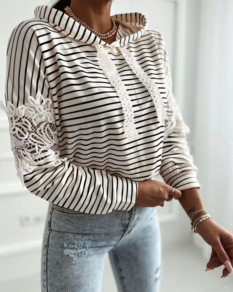 Striped Contrast Floral Lace Patch Hoodie Pullover Long Sleeve Casual Sweatshirt