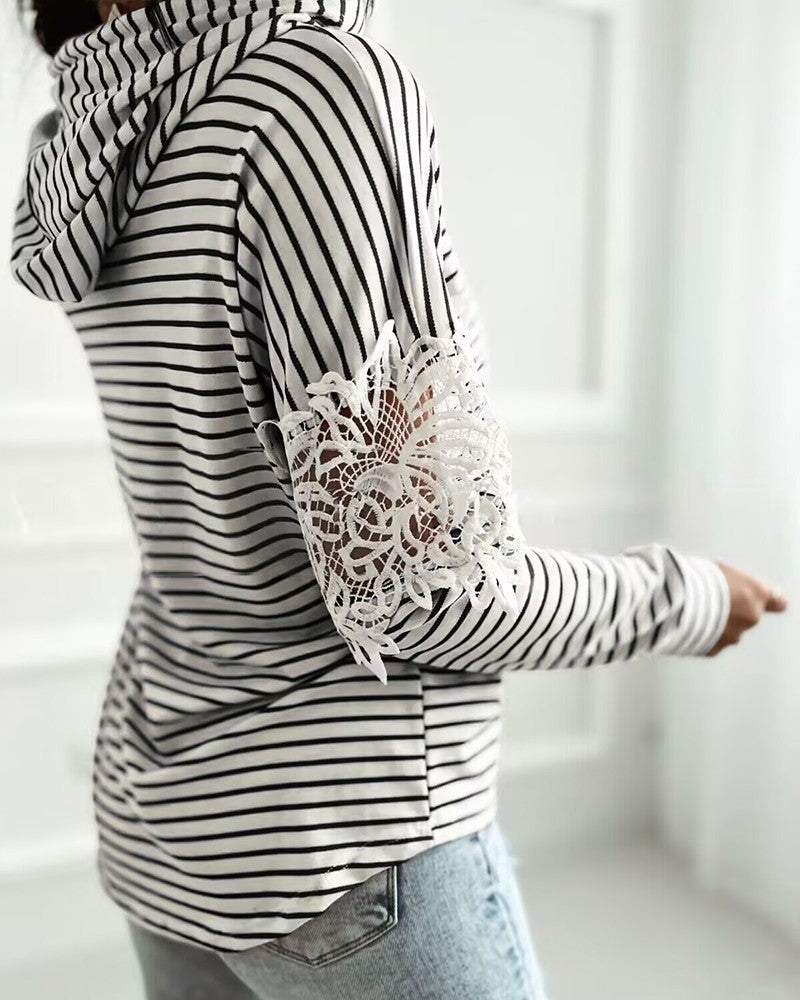 Striped Contrast Floral Lace Patch Hoodie Pullover Long Sleeve Casual Sweatshirt