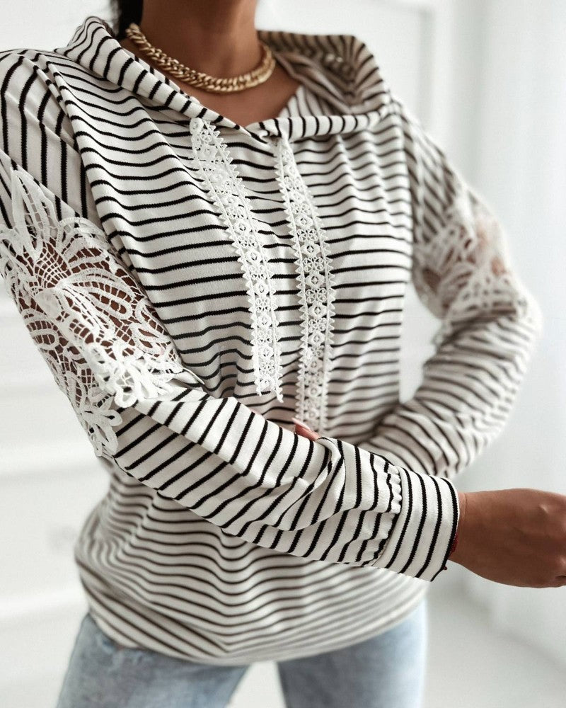 Striped Contrast Floral Lace Patch Hoodie Pullover Long Sleeve Casual Sweatshirt