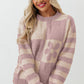 Orchid Petal Checkered Floral Print Striped Sleeve Sweater