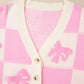 Pink Bowknot Checkered Pattern V Neck Drop Shoulder Button Up Cardigan