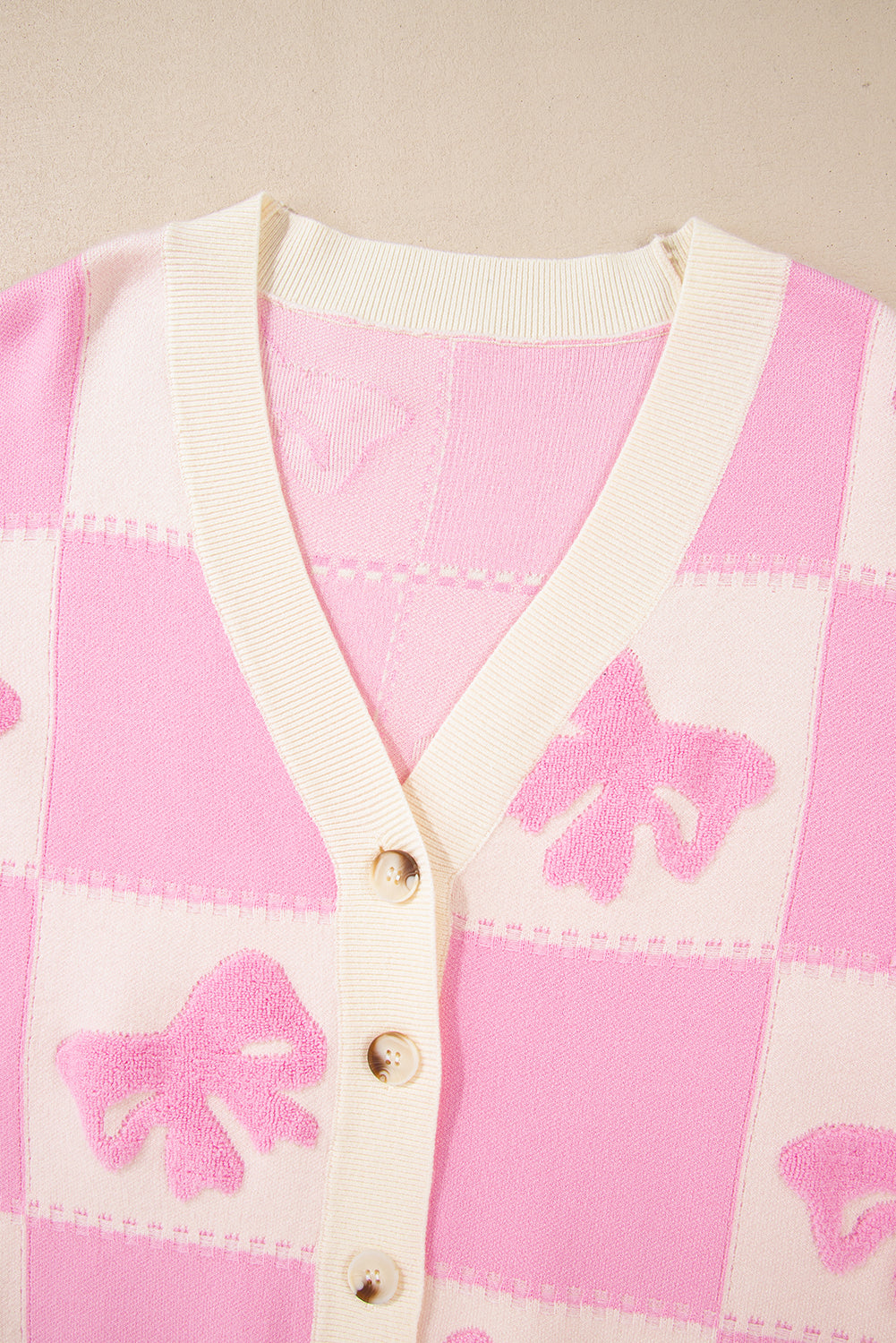 Pink Bowknot Checkered Pattern V Neck Drop Shoulder Button Up Cardigan