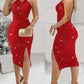 Glitter Rhinestone Halter Sleeveless Bodycon Dress Ruched Side Slit Midi Dress