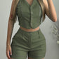 Hollow Out Buttoned Vest Top & Shorts Set