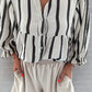 Black Stripe Crinckled Ruffled Sleeve Button up Loose Shirt