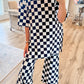 Black Checkered Print Half Sleeve Tunic Top and Flared Pants Set