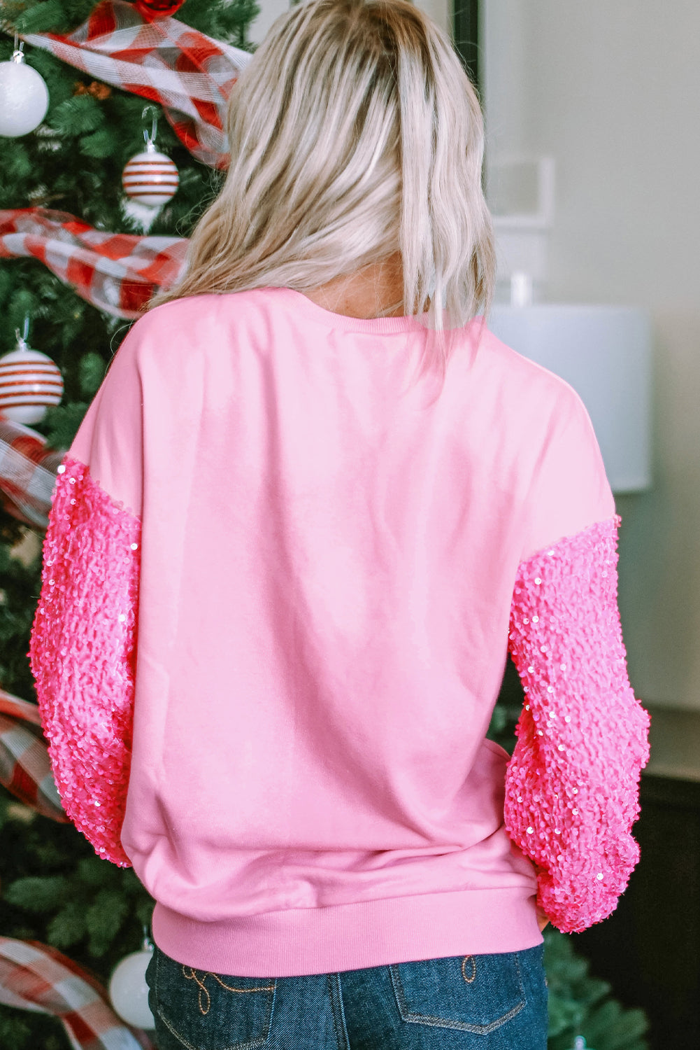 Pink Nutcracker Graphic Christmas Sequin Sleeve Drop Shoulder Top