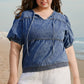 Sail Blue Plus Drawstring V Neck Puff Sleeve Denim Blouse