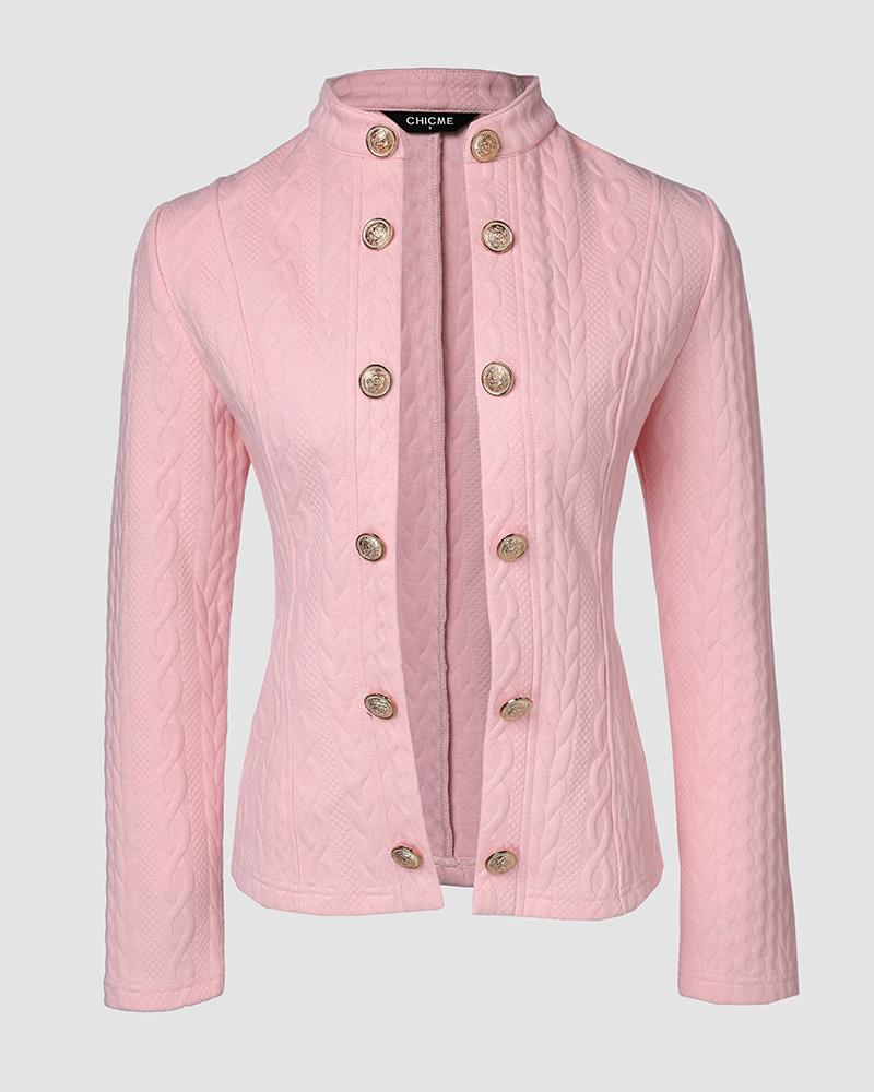 Stand Collar Long Sleeve Cable Textured Coat Button Front Jacket