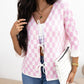 Light Pink Checkered Knitted Lace-up Ruffled 3/4 Sleeve Cardigan