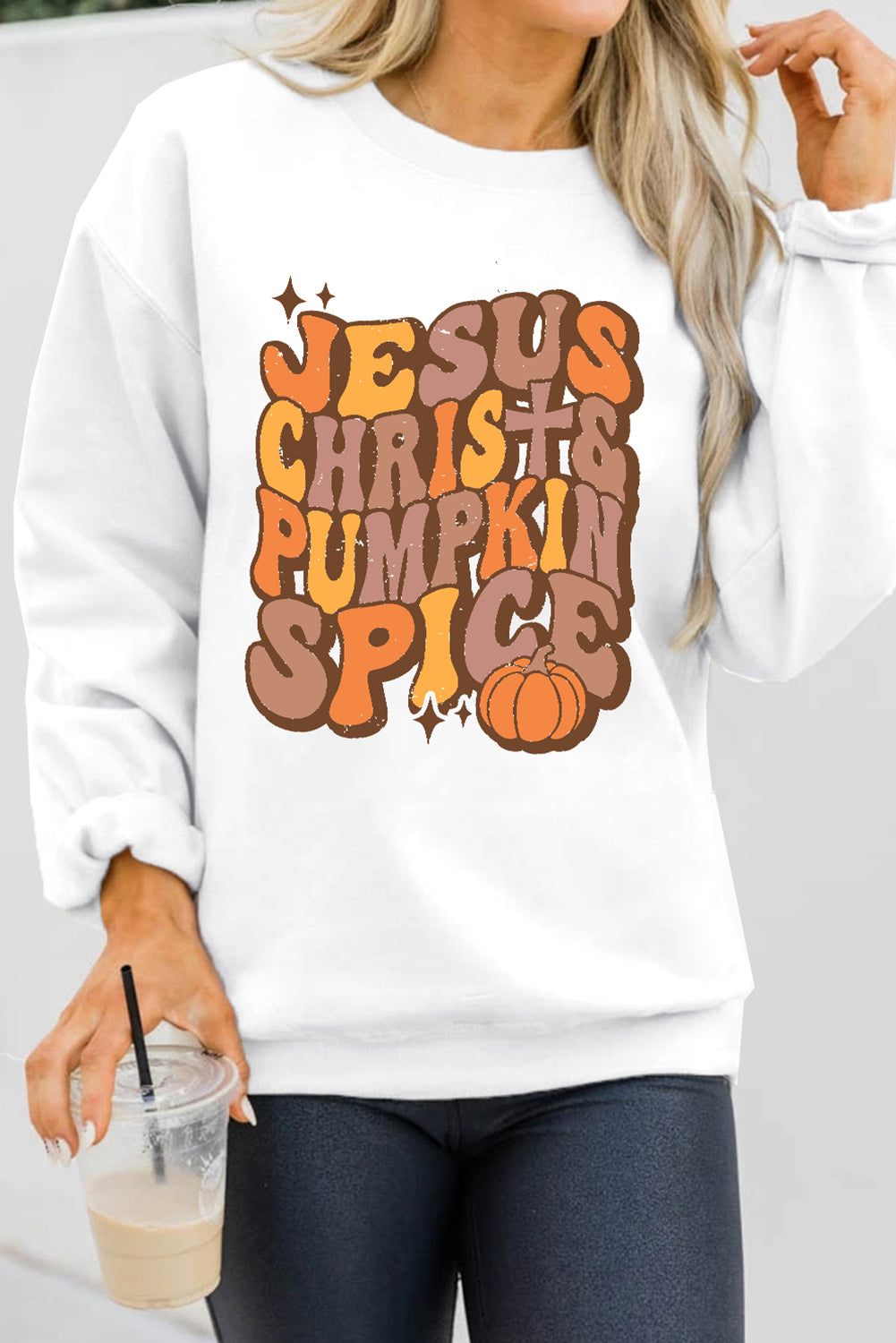 Beige JESUS CHRISH & PUMPKIN SPICE Graphic Drop Shoulder Sweatshirt