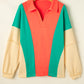 Grapefruit Orange Color Block Patchwork Collared V Neck Loose Top