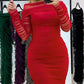 Off Shoulder Sheer Mesh Bodycon Dress Long Sleeve Ruched Midi Party Dress