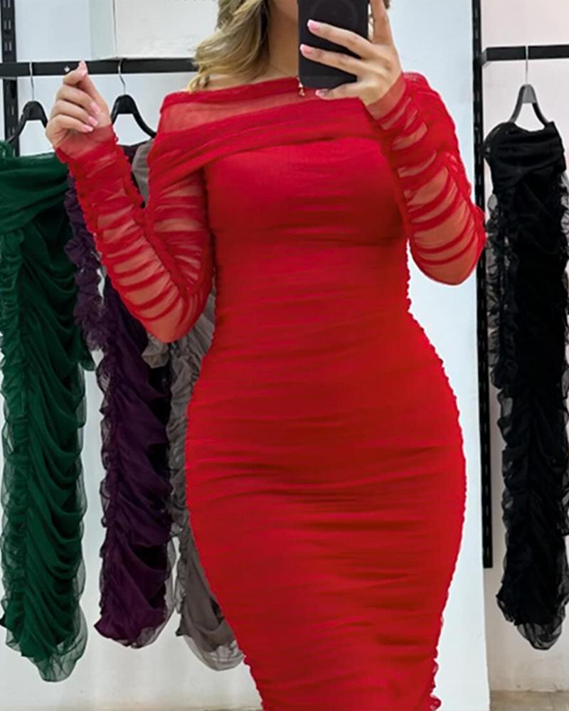 Off Shoulder Sheer Mesh Bodycon Dress Long Sleeve Ruched Midi Party Dress