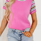 Bright Pink Contrast Printed Cap Sleeves Crewneck Sweater